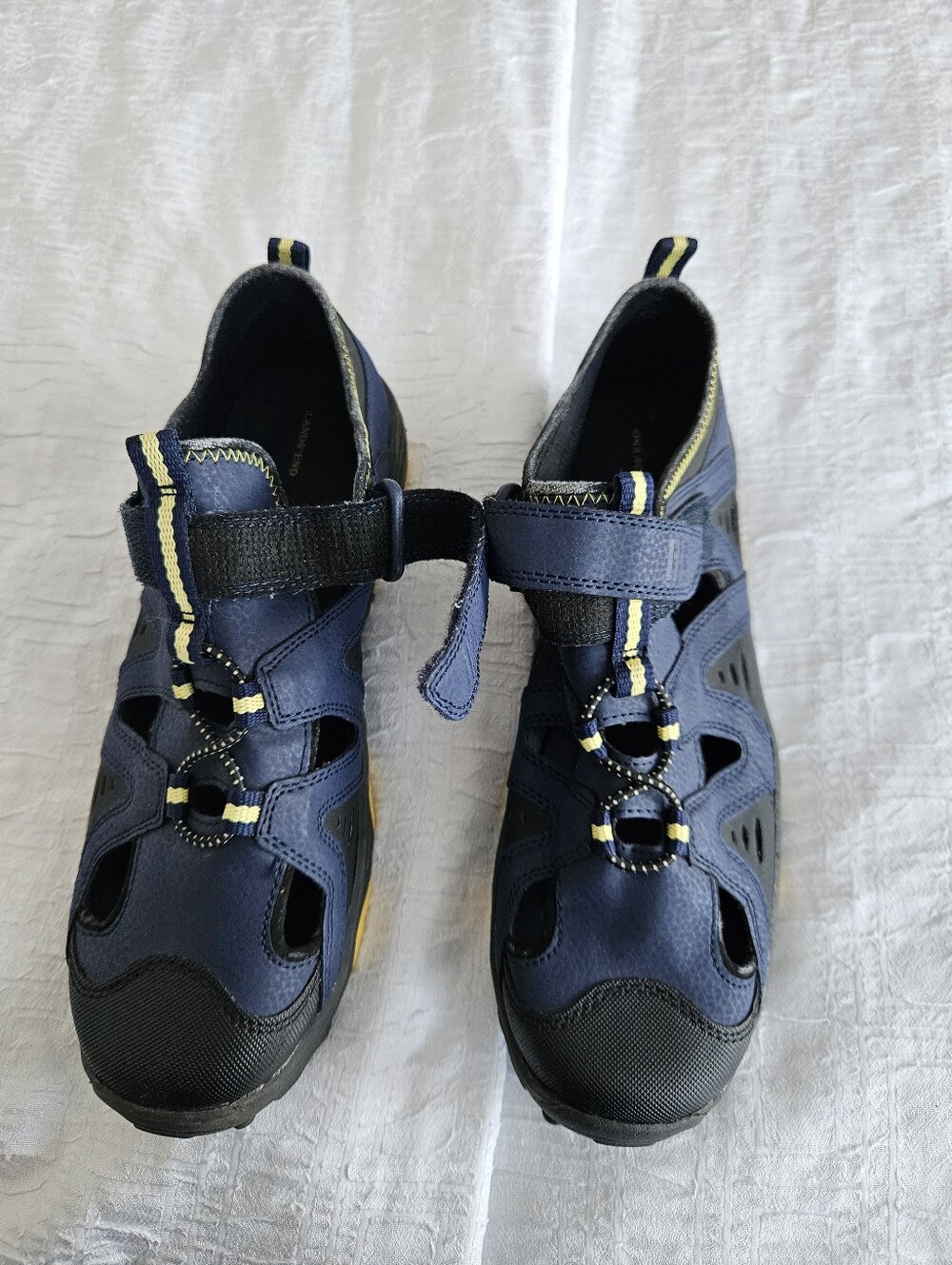Mens Lands End Navy Blue Outdoor Sandal Sneakers with Yellow Trim